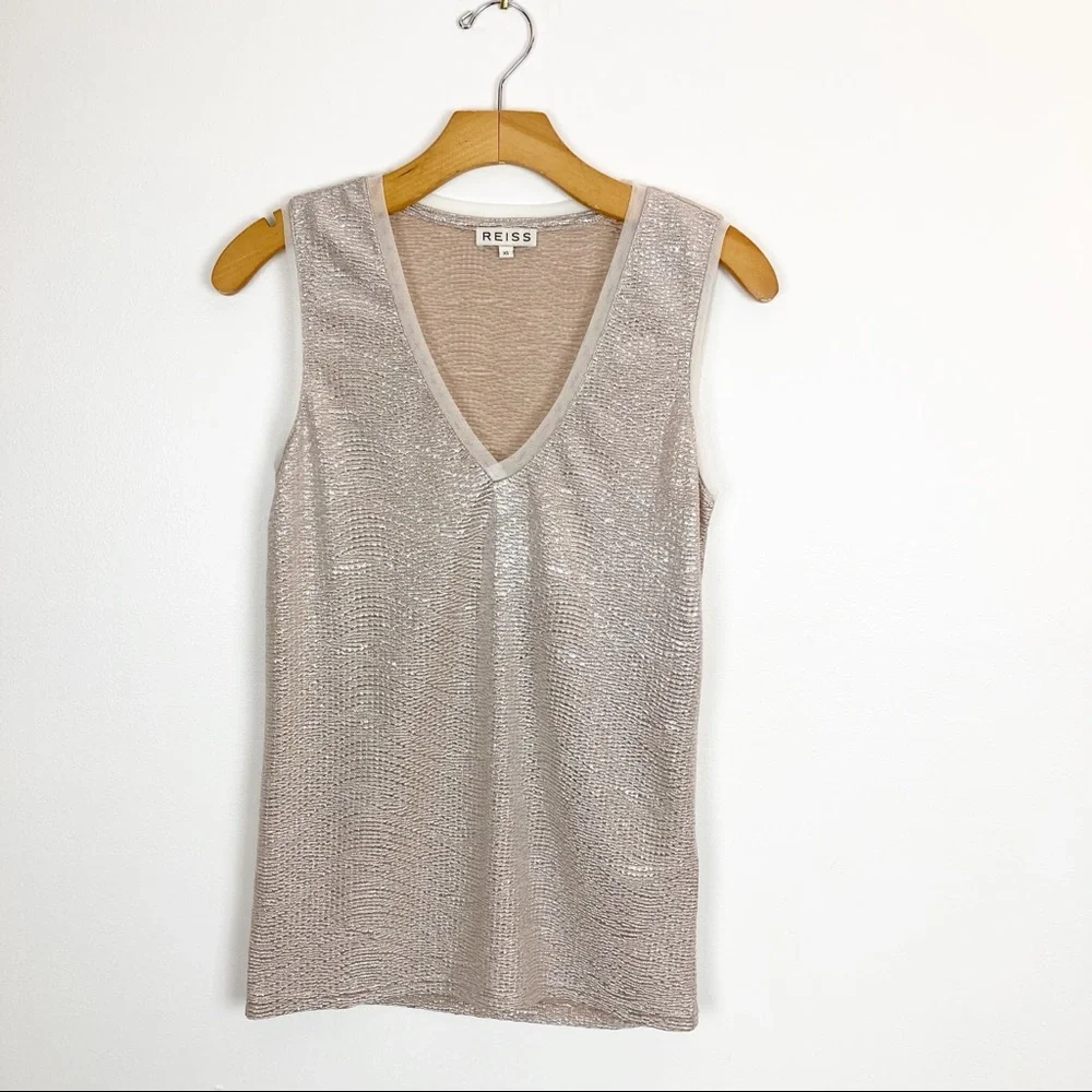 REISS Ona Metallic V-neck Sleeveless Top Size XS